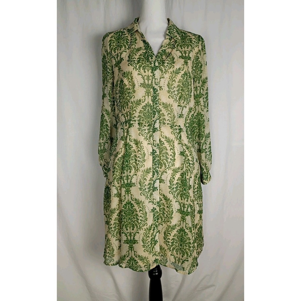 Skies Are Blue Green Floral Button Front‎ Chiffon Babydoll Dress Medium